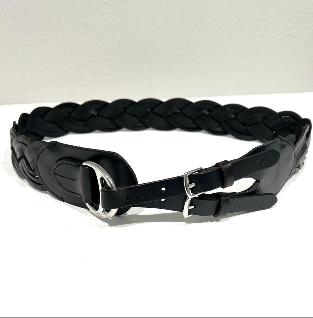 Ralph Lauren Black Braided Leather Belt with Silver Buckle Accents